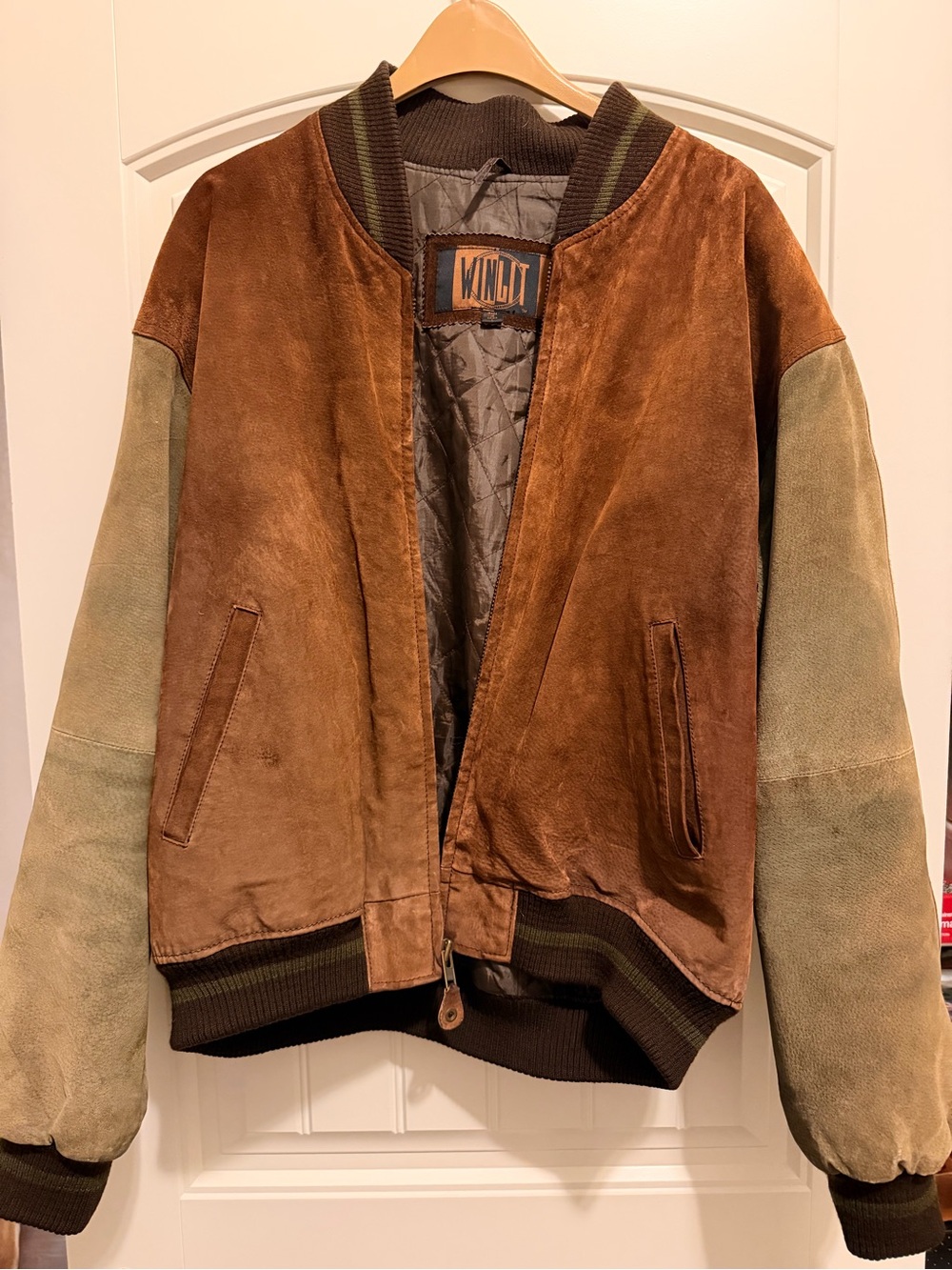Winlit Brown Suede Bomber Jacket with Olive Sleeves